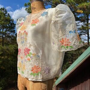 Vintage 70s Sheer Organza Peaked Puff Sleeve "Stained Glass" Boxy Cropped Blouse